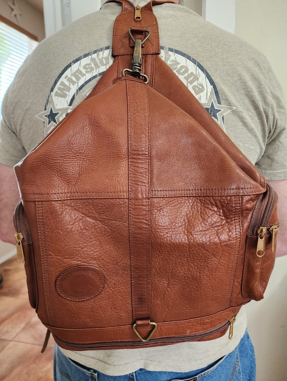 Vintage Leather Sling Backpack Brown Pebbled Boho Y2K Slouchy Travel Purse